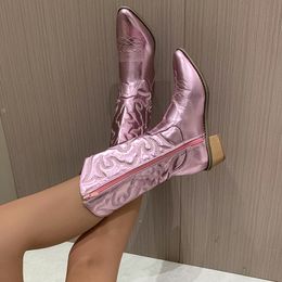 Boots Shoes for Women High Quality Gold Women's Boots Mid-calf Side Zipper Western Cowboy Boots Silver Retro Boots Woman Zapatos 230803