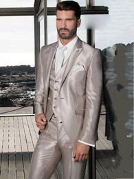 Men's Suits Shiny Beige Handsome Groom Tuxedos Slim Fits Evening Dress Toast Suit Party Blazer Clothes (Jacket Pants Vest Tie) NO:091