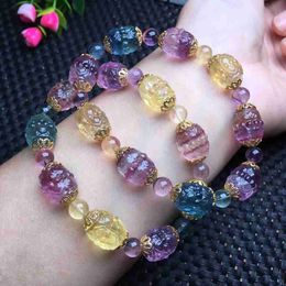 Charm Bracelets 1 Pc Fengbaowu Natural Stone Rainbow Fluorite Engrave Fret Pattern Barrel Beads Bracelet Crystal Fashion Jewellery Gift Women Men L230804