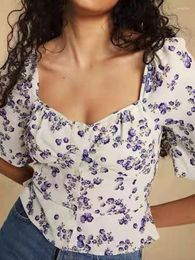 Women's Blouses 2023 Summer Floral Print Puff Sleeve Square Neck Short Women Top