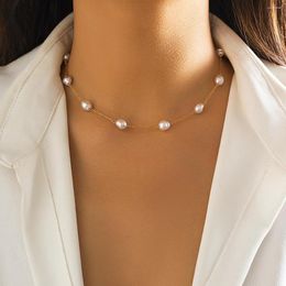 Choker Lacteo Vintage Flat Round Imitation Pearl Necklace Women Simple Beaded Clavicle Neck Chain Jewellery Collar Wedding Party