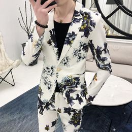 Men's Suits (Jacket Pants) Suit Korean Slim Hair Stylist Floral 3 Piece Night Club Dj Stage Host Evening Dress Wedding