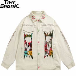 Mens Jackets Vintage White Denim Jacket Men HipHop Streetwear Retro Graphic Flower Embroidery Jean Cotton Harajuku Floral Coat 230803