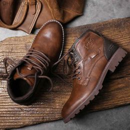Boots Leather Men's Ankle Boots Plus Size High Top Shoes Outdoor Work Casual Shoes Motorcycle Military Combat Boots Fashion Autumn Brown Z230803