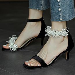 Heels High Beads Women Sandals Summer Shoes 2024 Designer Square Toe Party Sexy Zipper Wedding Pumps Zapatos 81925 58480 48483