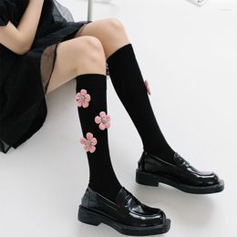 Women Socks Cotton Knee High Cute 3D Knit Pink Flower Student Stockings