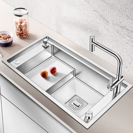 Sink 304 Stainless Steel 4mm Thickness 220mm Depth Large Size Handmade Brushed Luxury Stepped Kitchen Sinks