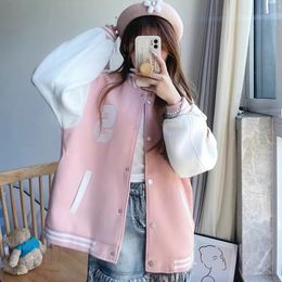 Women's Jackets Autumn Pink Baseball Jacket Women Harajuku Casual Pocket Printed Korean Oversize Bomber Uniform Streetwear Long Sleeves Top 230803