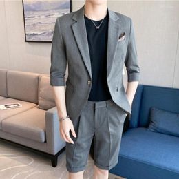 Men's Suits 2023 British Style Summer Men Slim Fit Fashion Trend Wedding Half Sleeve 2 Piece Suit Set Jacket Shorts (Blazer Shorts)