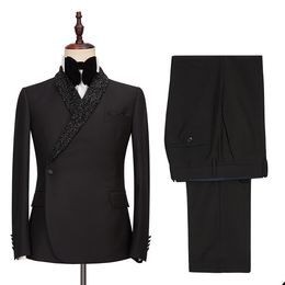 Luxury Wedding Tuxedos For Groom Shawl Lapel Coat Slim Fit Men Black Suits 2 Pieces Blazer Pants Custom Made Evening Party