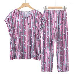 Women's Sleepwear 2023 Middle-aged Women Summer Cotton Silk Thin Loose Household Clothes 2-piece Sets Mom Casual Cosy Print Pants Two-piece