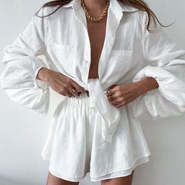 2pcs Women's Pyjamas Cotton Homewear Solid Lantern Long Sleeve Laple Blouse Top Ruffle Leg Wide Shorts Loungewear Women Clothing 2308032