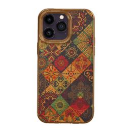 Luxury Ethnic Style Plating Vogue Phone Case for iPhone 14 13 12 Pro Max Durable Slim Stylish Full Protective Soft Bumper Flower Print Wood Back Cover Shockproof