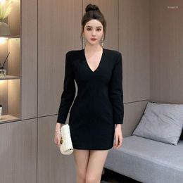 Casual Dresses 2023Summer Formal Dress Simple Style Black Long Sleeve V-Neck Suit Fashion Elegant Slim Bodycon Office Lady