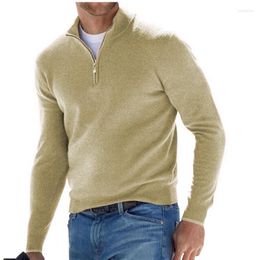 Men's Sweaters Fall Long-sleeved V-neck Fleece Zip Casual Sweater Top Polo Shirt Solid Colour Elastic Slim Warm