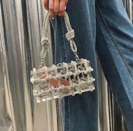 Evening Bags Clear Acrylic Diamond Evening Clutch Bags Women Luxury Designer Hand Woven Knotted Rope Purses Wedding Party 230802