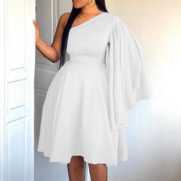 Casual Dresses Sexy Women One Shoulder Asymmetric Sleeve High Waisted Knee Length A Line Backless Elegant Birthday Party Dinner Robes