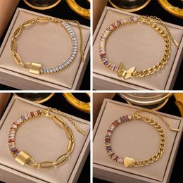 Link Bracelets Titanium Stainless Steel Bracelet For Women Female Punk Heart Butterfly Colourful Zirconia 18K Gold Colour Chain Charms Jewellery