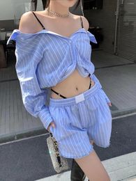 Women's Tracksuits Leisure Sports Set Loose H-shaped Off Shoulder Strap Shirt For Women Striped High Waist Shorts