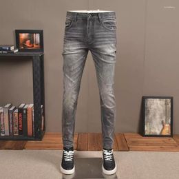 Men's Jeans Italian Style Fashion Men High Quality Retro Gray Elastic Slim Fit Ripped Vintage Designer Denim Pants Hombre