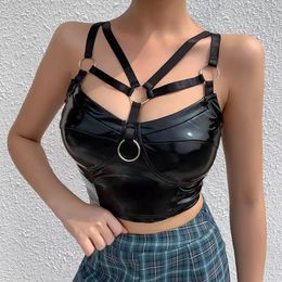 Women's Tanks Camis Steampunk Black PU Leather Bra For Women Sexy Tank Tops Gothic Streetwear Hollow Out Bodycon Bandage Back Zipper Female 230802