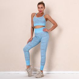 Women's Two Piece Pants Stripe Yoga Sets Seamless Workout Clothes For Women Stretchy Fitness Suits Sexy Bra Leggings 2 Sport Wear