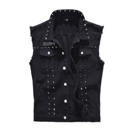 Men's Vests Denim Vest Men Punk Rock Rivet Cowboy Black Jeans Waistcoat Fashion Men Motorcycle Style Sleeveless Jeans Jacket M-6XL 230803