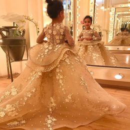 2023 Gold Flower Girls Dresses For Wedding Long Sleeeves Tulle Lace Appliques Crystal Pearls Beads 3D Floral Flowers Peplum Children Kids Party Communion Gowns