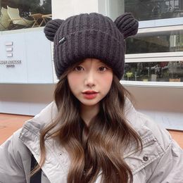 Berets Cute Bear Ears Beanies For Women Autumn And Winter Outdoor Thickened Warm Ear Protection Versatile Knitted Pullover Men's Caps