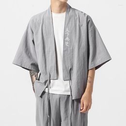 Ethnic Clothing Oversized Summer Thin Cardigan Coat Retro Embroidered HanFu Set Chinese Kimono Robe Suit Men's 3/4 Sleeve Tang Jacket