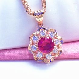 Chains 585 Purple Gold Plated 14K Rose Inlaid Ruby Flowers Pendant Neckalce For Woman Luxury Glamour Engagement Wedding Jewelry