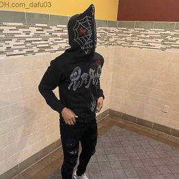 Men's Hoodies Sweatshirts Y2K Full Zip Hoodie Men's Autumn Gothic Rhinestone Spider web Sweatshirt Hip Hop Grunge Skeleton Oversized Jacket Z230803