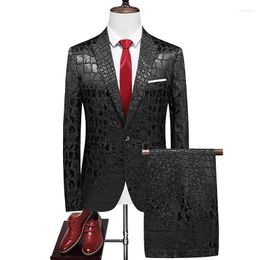 Men's Suits Fashion Brand Men Jacquard Suit Black / White Classic Luxury Prom Party Tuxedo 2 Piece Sets British Style Blazer Jacket And Pant