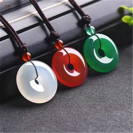 Pendant Necklaces Natural Green Agate Jade Safety Buckle Pendnat Chinese Necklace Carved Charm Jewellery Fashion Amulet For Men Women Lucky