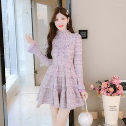 Casual Dresses Romantic French Fairy Purple For Women Autumn Plaid Vintage Tweed Vestido Female Flare Sleeves Sweet Princess Dress