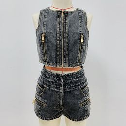 Women's Tracksuits PREPOMP 2023 Autumn Collection Sleeveless Multi Zipper Denim Tank Top Vest Shorts Jeans Two Piece Set Women Outfits GL105