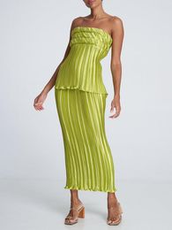 Two Piece Dress Elegant Satin Two-Piece Set Strapless Solid Color Tube Top With Low Cut Back And Long Skirt - Perfect For A Night Out