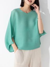 Women's T Shirts T-Shirts Clothing Summer 2023 Fashion Round Neck Batwing Sleeves Solid Colour Loose Stretch Miyake Pleated Tee Tops