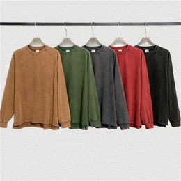 Men's T Shirts 2023 Men Retro Brushed Long Sleeve T-Shirt 285gsm Washed Cotton Tee Side Slits Autumn Streetwear