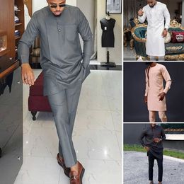 Mens Tracksuits Dashiki 2 Pieces Long Sleeve Outfit African Men Clothes Set Solid Colour Casual Riche Top Pant Full Suits Clothing 230803