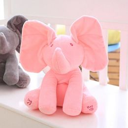Plush Dolls Elephant Toy Stuffed Animal Electric Educational Animated Flappy Baby Peekaboo Pat Ears Cover Eyes 230802