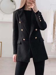 Women's Suits Klkxmyt Blazer Women 2023 Fashion Metal Double Breasted Woollen Blazers Coat Vintage Long Sleeve Female Outerwear Chic Tops