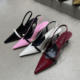 Sandals Patent Leather Women Pointed Toe Dress Shoes Woman Thin High Heels Black Pink White Red Back Strap Summer