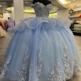 Sky Blue Shiny Quinceanera Dresses Ball Gown Appliques Lace Beaded Sweetheart Off Shoulder Birthday Party Gown Vestidos De 15 Anos