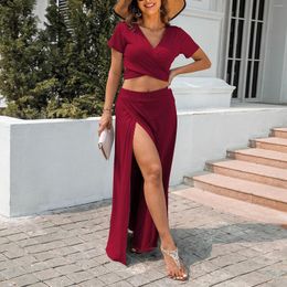 Two Piece Dress Women 2 Skirt Set Twist Front Ladies V Neck Top Maxi Asymmetrical Solid Color Y2K Sexy Style Vacation Outfit