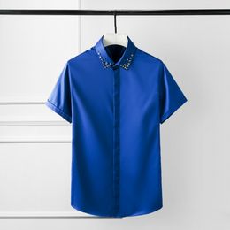 Minglu Mens Shirts Luxury Skull Rivet Solid Colour Short Sleeve Mens Dress Shirts Plus Size 4xl Party Night Club Slim Shirt Man