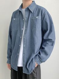 Men's Casual Shirts 2023 Spring Button Pockets Blue Denim Shirt Fashion Long Sleeve Solid Cotton Slim For Men Smart