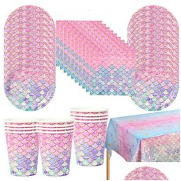 Disposable Dinnerware 53Pcs Set Little Mermaid Party Tableware Paper Plate Cup Napkin Tablecloth Kids Birthday Decoration Supplies D Dhgmn