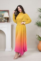 Basic Casual Dresses Miyake Pleated Belts Gradient Color Luxury Yellow and Pink Long Sleeve Soft Round Neck Casual Dresses For Women Plus Maxi 230802