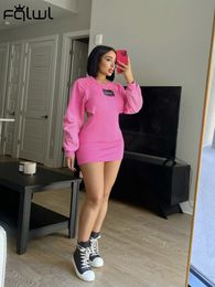 Basic Casual Dresses FQLWL Fall Casual Clothes Dresses For Women Long Sleeve Hollow Out O Neck Dress Women Pink Party Mini Club Dresses Female 230802